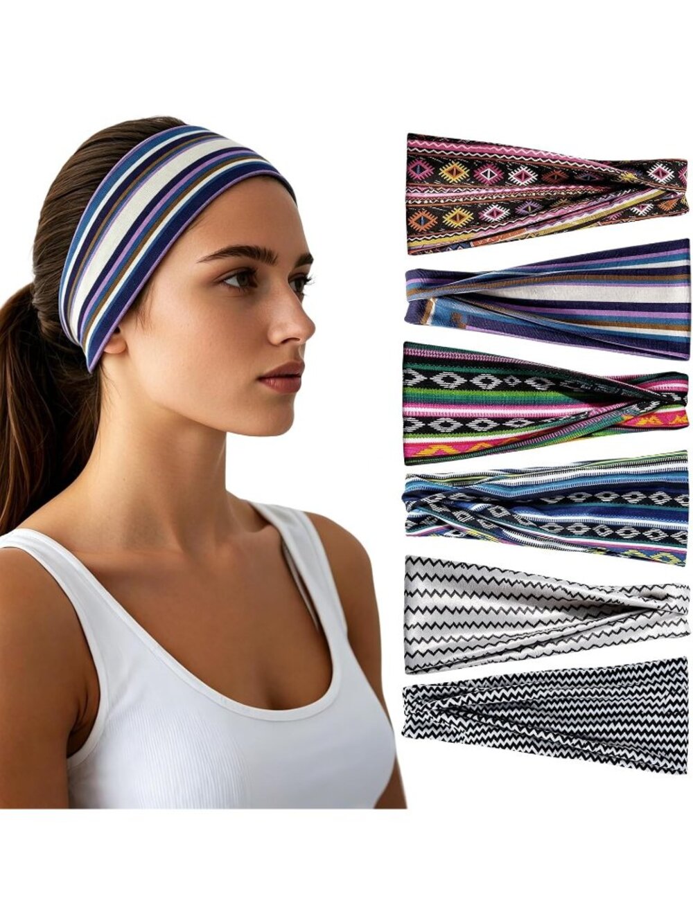 Women X-Colorful-3 Stretchy 6 Pack Headbands Yoga Sweatband Hair Accessories